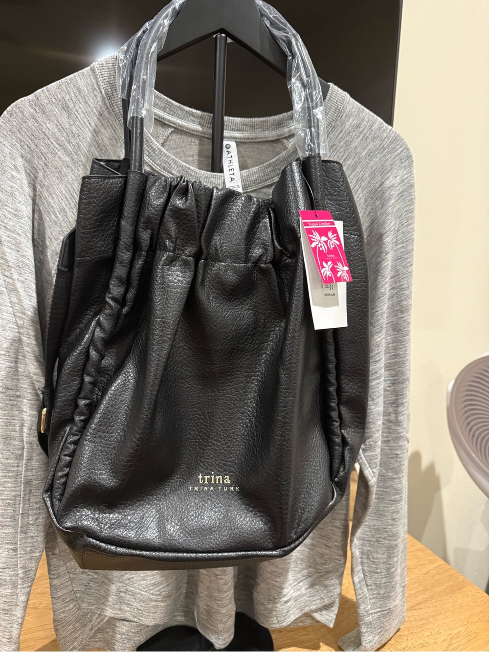 NWT Trina Turk Black Vegan Pebble Leather Medium Gathered Tote Bag